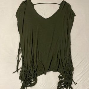 Medium army green blouse with fringe on sides. Deep V back.